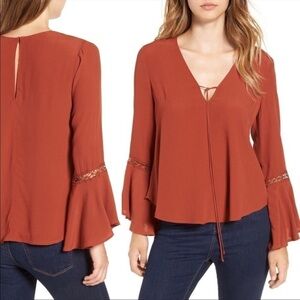 ASTR The Label Bell Sleeve Top Crochet Detail Size S Rust # AT11927